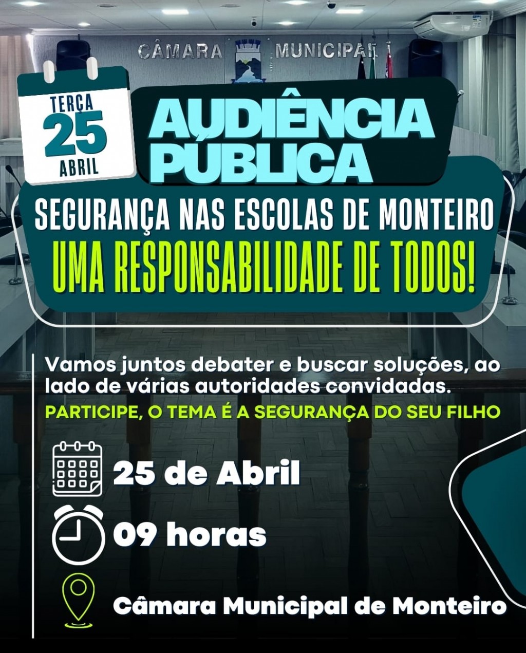 Câmara Municipal promove audiência pública na próxima terça para discutir a segurança nas escolas de Monteiro.