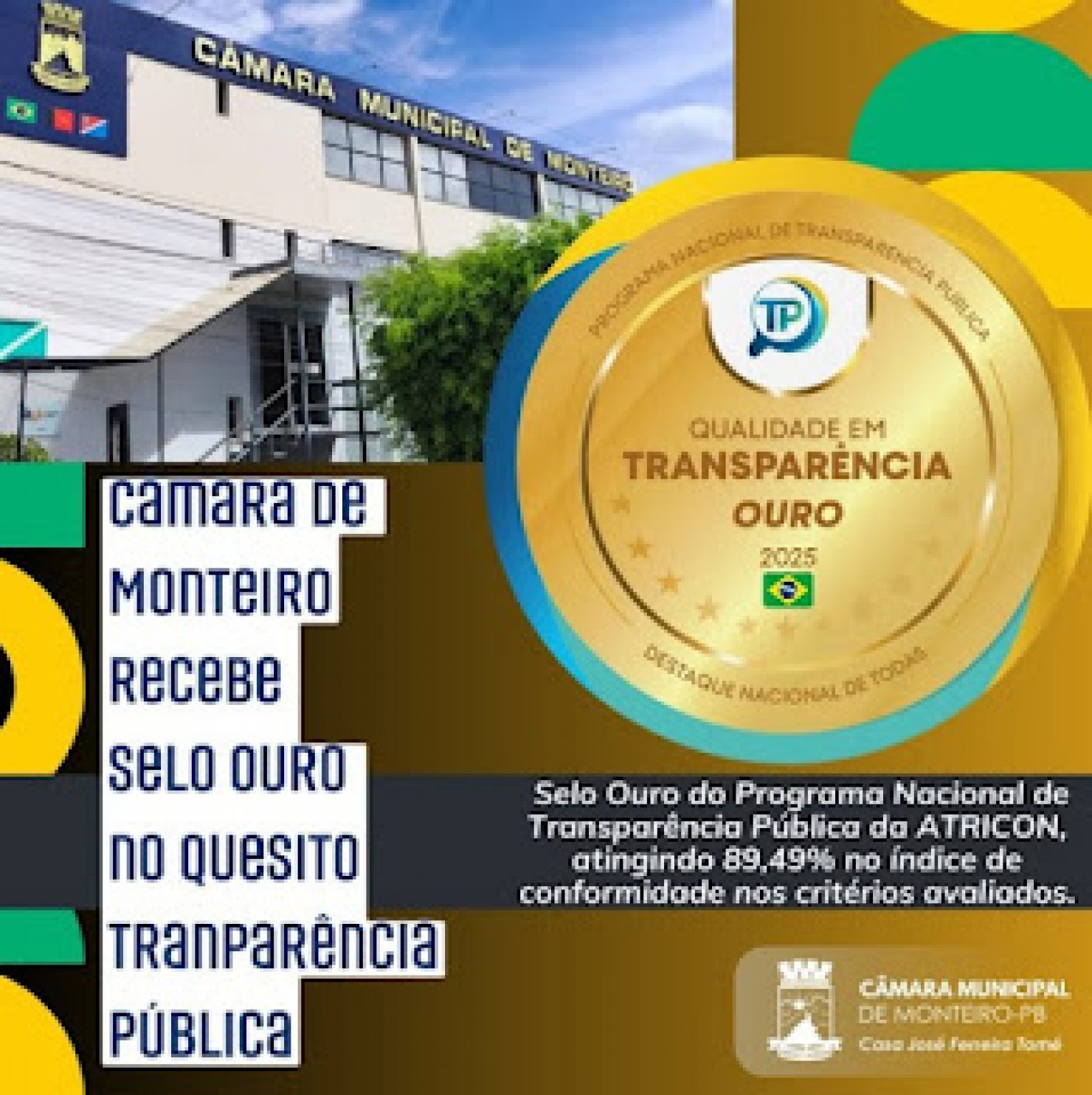 Câmara Municipal de Monteiro conquista Selo Ouro Nacional em Transparência Pública